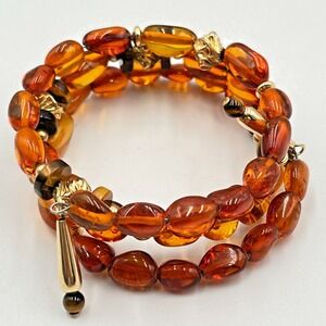 Vintage Triple Strand Amber Glass & Tigers Eye Coil Wrap Bracelet Boho Gold Tone